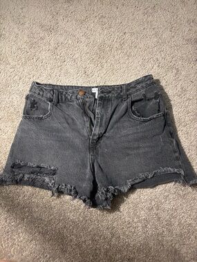 High-Rise Washed Black Distressed Denim Shorts